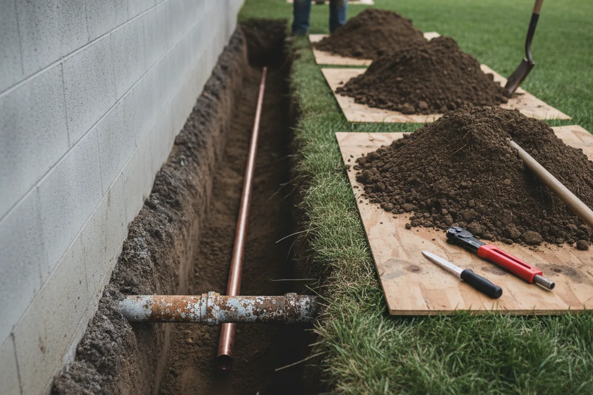 Excavated water line trench during Water Softener Installation in Deerfield